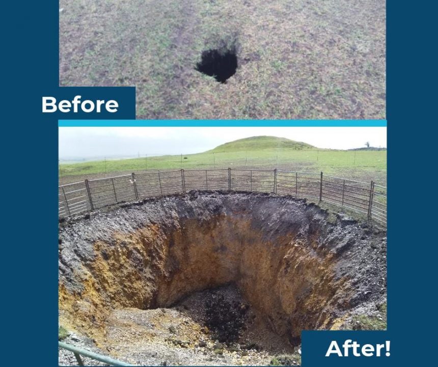 Photo of sink hole, before and after