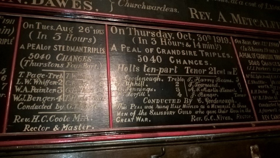 Peal board in St Peter’s church recording the original ringing from 1919