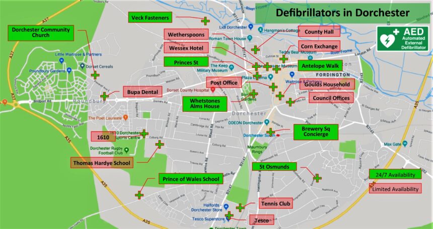 Locations of defibrillators in Dorchester