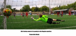 Alfie Stanley coverts his penalty for the Magpies equaliser