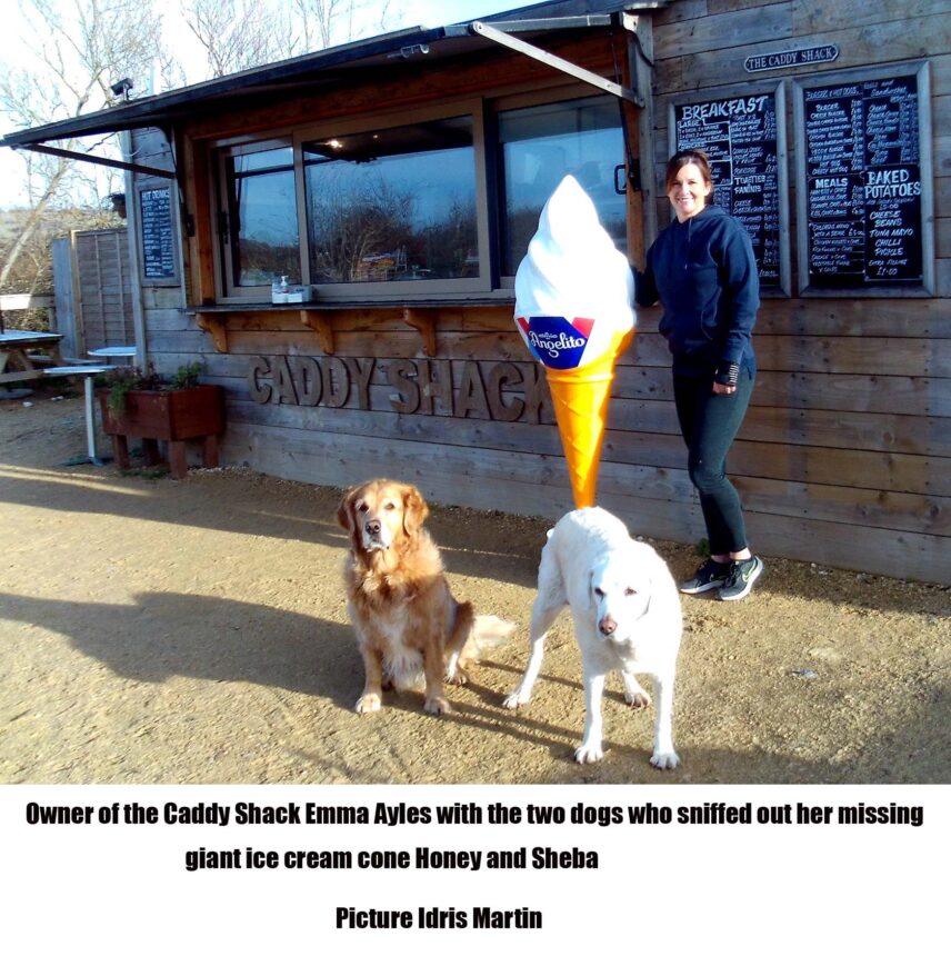 Owner of the Caddy Shack, Emma Ayles, with the two dogs, Honey and Sheba, who sniffed out her missing giant ice cream cone