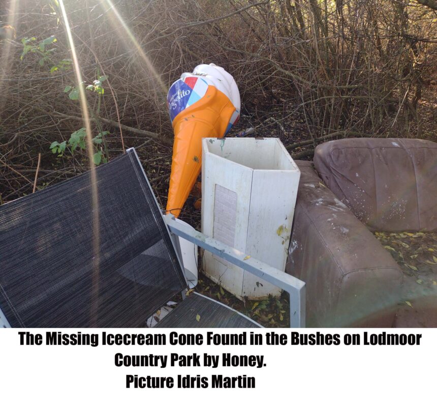The missing ice cream cone found in the bushes in Lodmoor Country Park