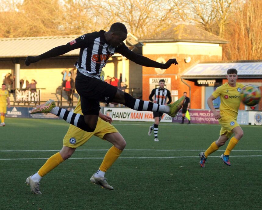 Shaq Gwengwe fires in Dorchester's second goal. Photo Idris Martin