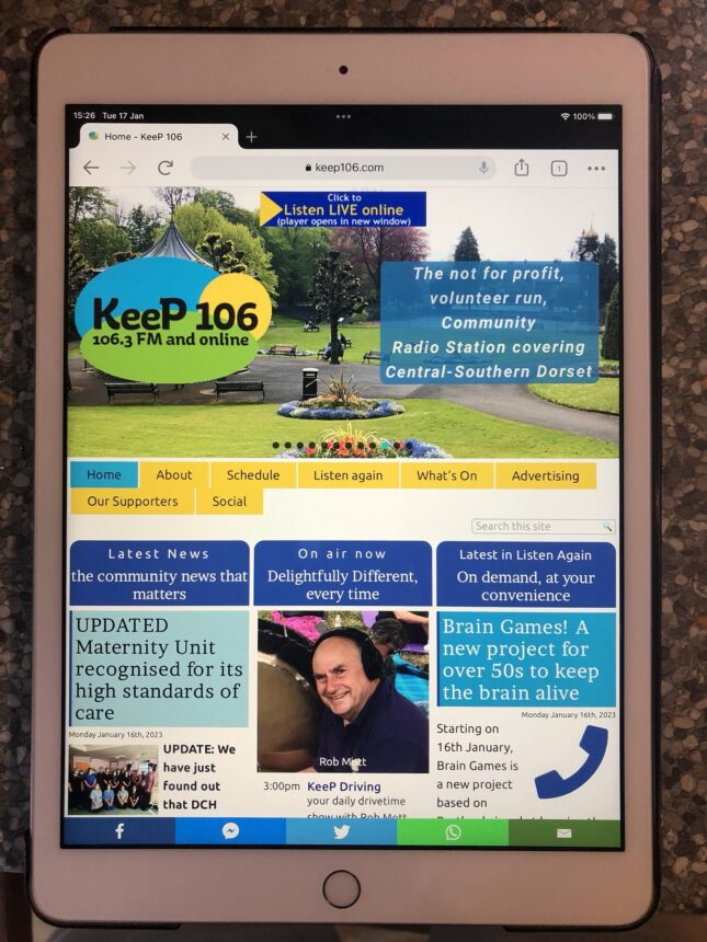 Picture of an iPad running a web browser displaying, on this occasion, the KeeP 106 website