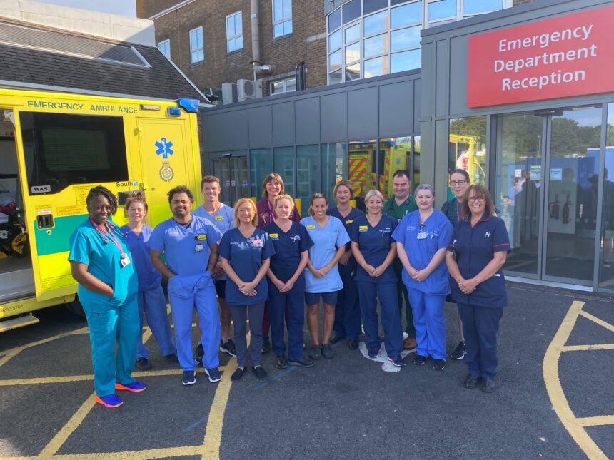 Members of Dorset County Hospital Emergency Department team outside their department.