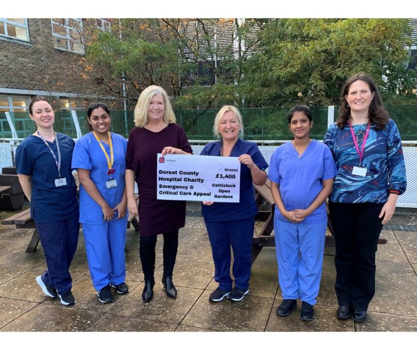 Gillian Wallace, Chair of Cattistock Open Gardens (third from left) presenting the cheque to staff from the hospital’s Critical Care Unit, supported by Vicky Hunt, DCH Charity (far right)
