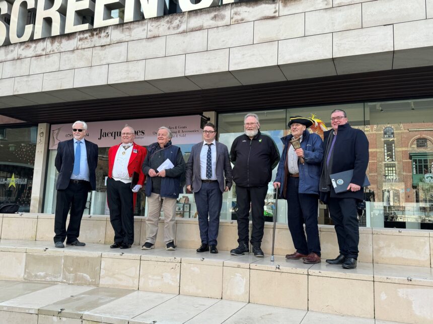 The Town Crier candidates with the retiring Crier, Alistair Chisholm (holding bell). Photo credit Dorchester Town Council