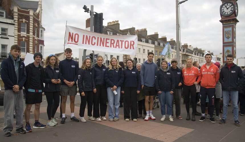 Members of the Great Britain Sailing Team at Portland Incinerator protest in Weymouth.