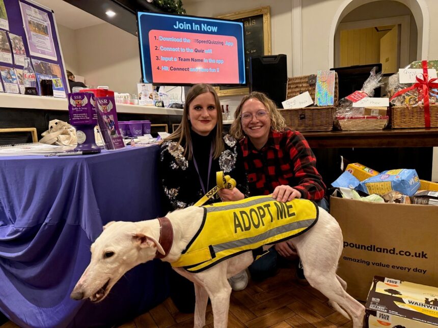 Photo: From left to right Sophie Vye, Welfare Operations Manager at Staffie & Stray Rescue, Lisa Kelly from the Kings Hotel Group and Hattie the greyhound.