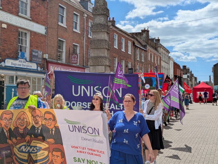 NHS workers marching in South Street, Dorchester, 2 August 2025. 