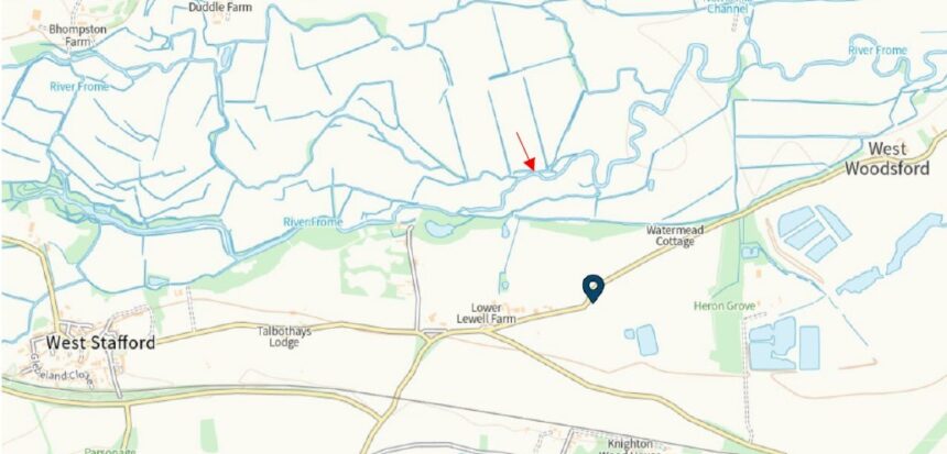 Location of the riverbed drilling near Lower Lewell Farm