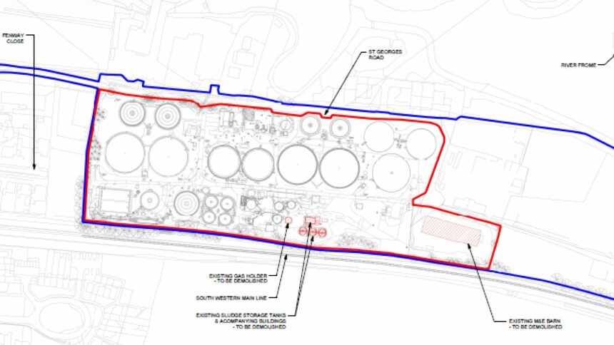 Drawing of the water treatment works showing the areas to be demolished