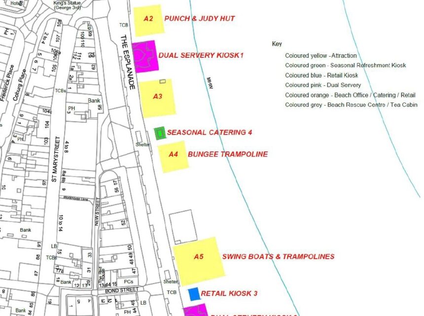 Weymouth beach kiosks map - SC4 is in green opposite M&S