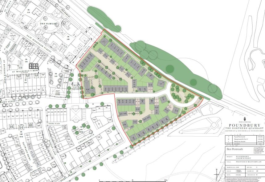 The proposed layout and landscaping for the Poundbury Crown Point development.