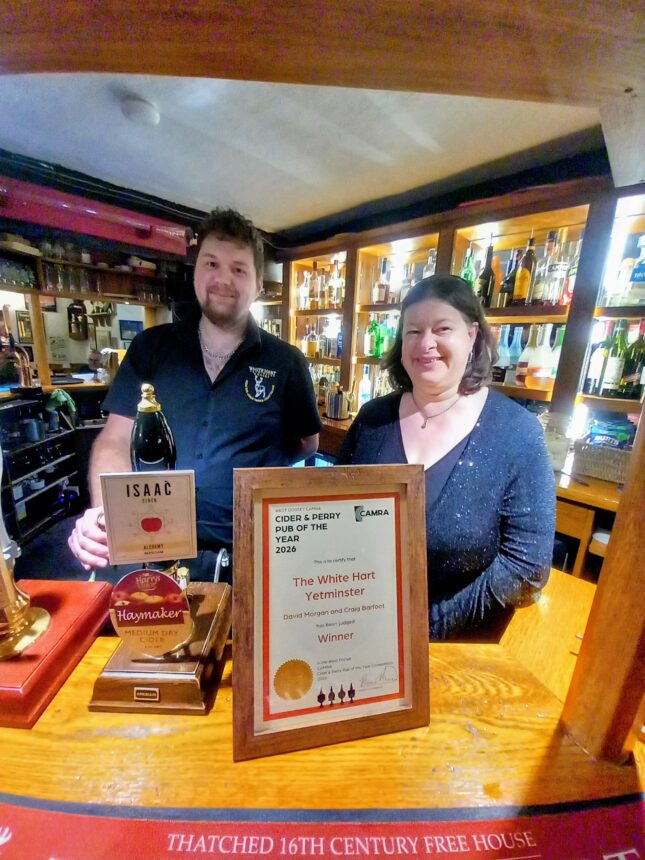 West Dorset Cider & Perry Pub of the year 2026. Craig Barfoot & Kylie Stroud. Photo Credit Rich Gabe