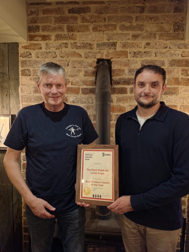West Dorset CAMRA Chairman Bruce Mead (L) & Connor Wilson of the Rock Point Lyme Regis. Photo credit Rich Gabe