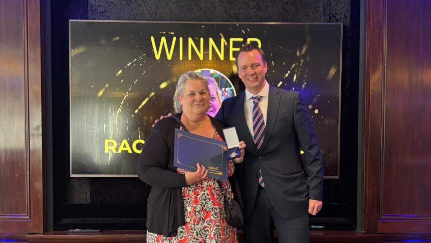 Cheriton Care Home care worker Rachael Hayward with Agincare Chief Operating Officer (Care) Andrew Needham